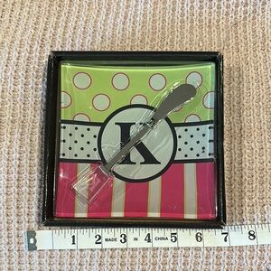 Monogram K Decorative Trinket Dish with Spoon - Pink & Lime & Black